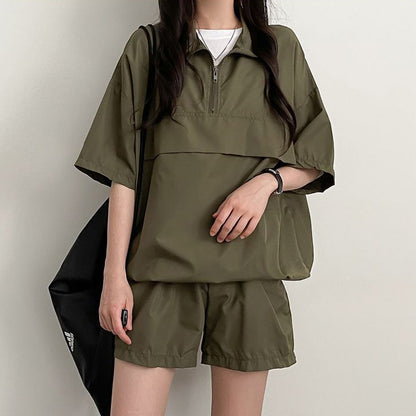 ZllKl Wholesale turtleneck zipper short sleeve shorts women's two-piece set Korean version summer fashion casual sportswear set loose