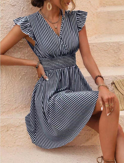 Zllk  New Popular European and American Foreign Trade Women's Clothing Women's Summer Dress Striped Printing Flying Sleeves Dress