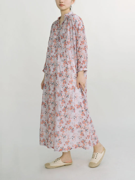 Retro  literary and artistic multi-button ramie printing dress, retro lazy loose holiday dress L23109-1