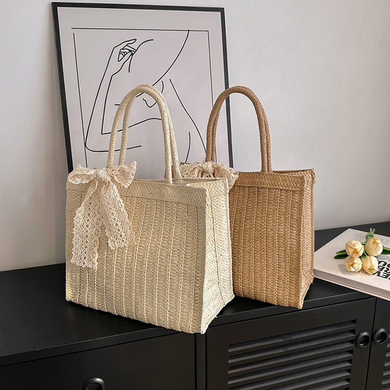 ZLLKL 2025New woven vegetable basket handbag bag Mori sweet lace bow straw woven women's bag large capacity messenger bag