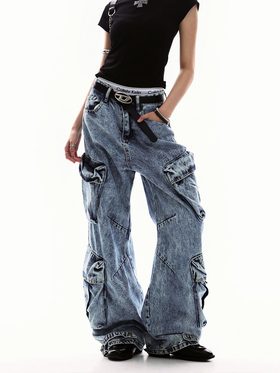 0123Start multi-pocket tooling jeans men's and women's loose n retro niche design wide-leg pants