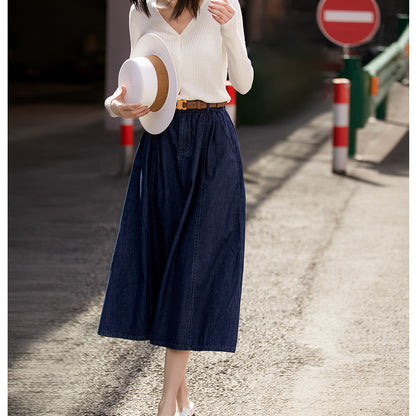 2025 Washed a word wavy medium and long umbrella skirt skirt, retro and thin high waist, pure cotton denim skirt short skirt Korean