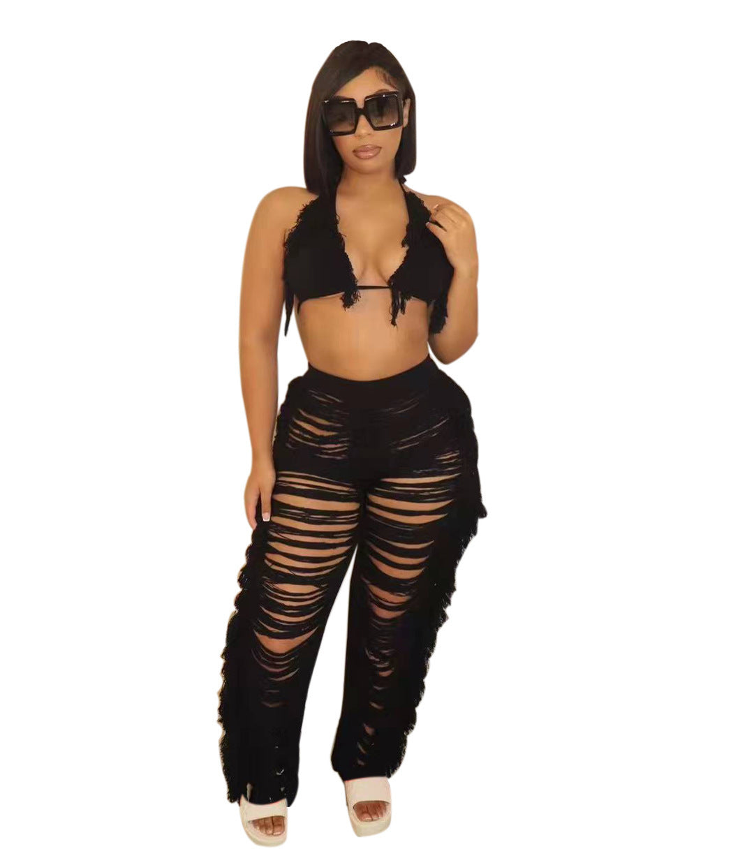 2025 supply New  women's clothing Solid color bikini fringed knitted beach pants suit Sexy and fresh