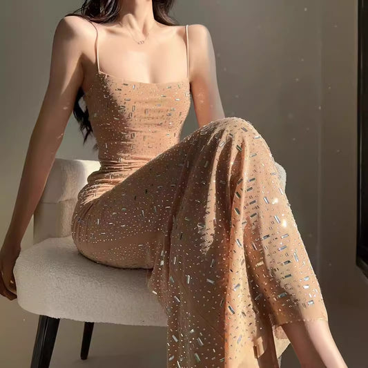 2025 Spot popular new nude rhinestone super flash suspender dress high-end birthday dress