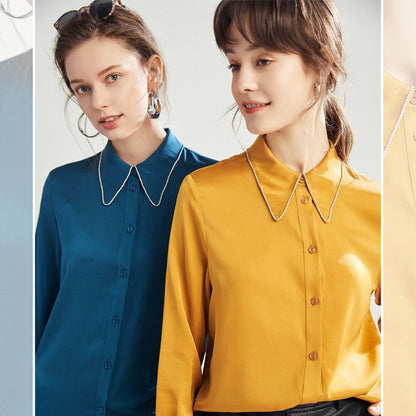 Silk shirt women's mulberry silk shirt  summer summer new commuter long-sleeved square collar design niche top