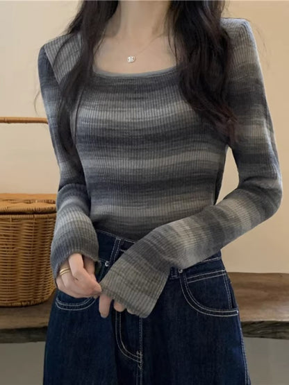 Design Sense Striped Square Neck Short Top Women's Long Sleeve Spring, Autumn and Winter Sweet and Skinny Slim Inside Bottom Knitted Sweater