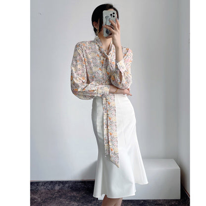 Silk lace-up shirt women's spring and summer popular new mulberry silk slim-fit top with loose long-sleeved shirt inside