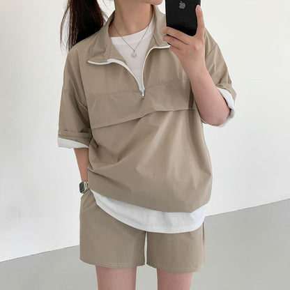 ZllKl Zipper short-sleeved shorts set women's two-piece set youth summer Korean version fashion casual sportswear loose high collar