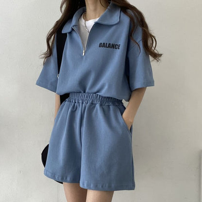 ZllKl Wholesale high-end zipper set women's short-sleeved shorts two-piece set solid color Korean version cotton summer sportswear fashion casual