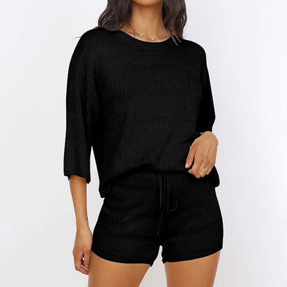 zllkl  European and American Style Women Summer 2-Piece Set Blouse Openwork Knitted Top Shorts Vacation Beach Casual Suit