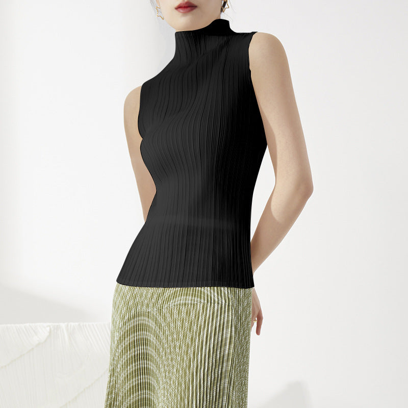 2025 Summer Women's Clothing Miyake Classic Small Vest Solid Color Temperament High Neck Slim Fit Versatile Sleeveless T-Shirt Folded Top