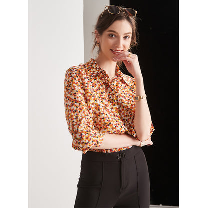 Silk shirt women's spring and summer  new design top loose outer wear long-sleeved niche printed shirt