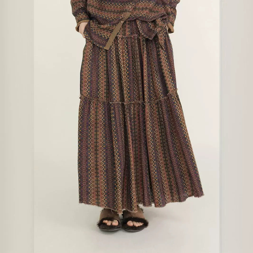 design retro printed double-layer cotton skirt, autumn and winter rough edge swing skirt B23214