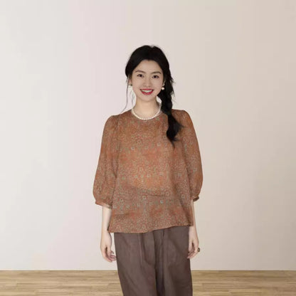 New Chinese Zen suit, bubble sleeve ramie t-shirt A0648 Chinese loose print shirt A0647