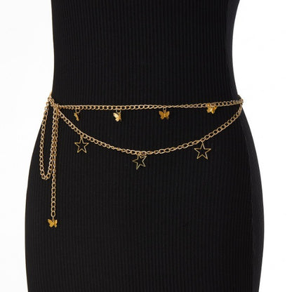 FB3331 2025 waist chain hollow pentagram alloy butterfly pendant wave fringe pendulum chain waist chain
