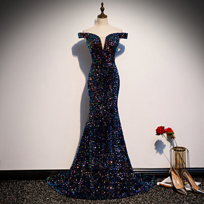 2025 supply one-word shoulder fishtail dress  new heavy industry sequins temperament long host evening dress