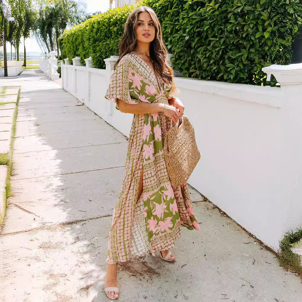 ZllKl  Cross-Border Foreign Trade   European and American Women's Clothing Summer Batwing Sleeve V-neck Floral Print Slit Dress Sexy Dress