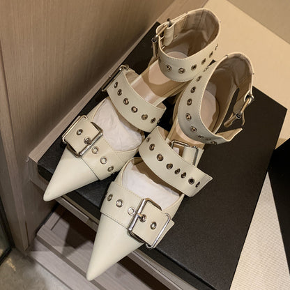 2025  Internet celebrity thick heel bag head sandals women's Roman straps shoes middle heel one word with rivets pointed shoes hollow single shoes