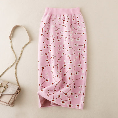 ZllKl Knitted skirt high waist hip skirt a-shaped skirt medium and long autumn clothing New new women's winter skirt floral skirt