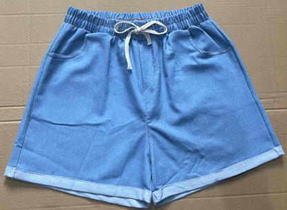 2025 New Summer Korean Style Loose All-Match Casual Stretch Denim Shorts Women's High Waist Drawstring Wide-Leg Straight Pants