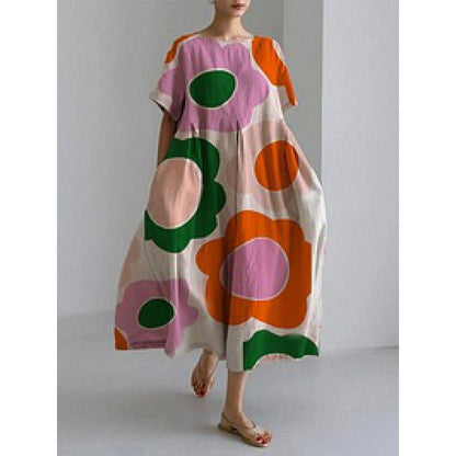 ZllKl  Cross-Border  Summer New European and American Women's Clothing Loose round Neck Fashion Advanced Short Sleeve Printing Dress