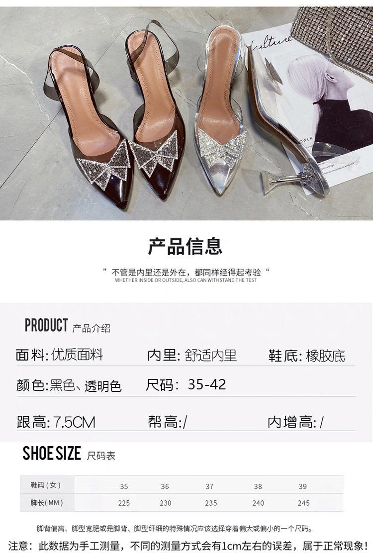 ZllKl  PVC Transparent Sandals Female  Summer New Fairy Style Baotou Rhinestone Bow Ankle-Strap High Heels