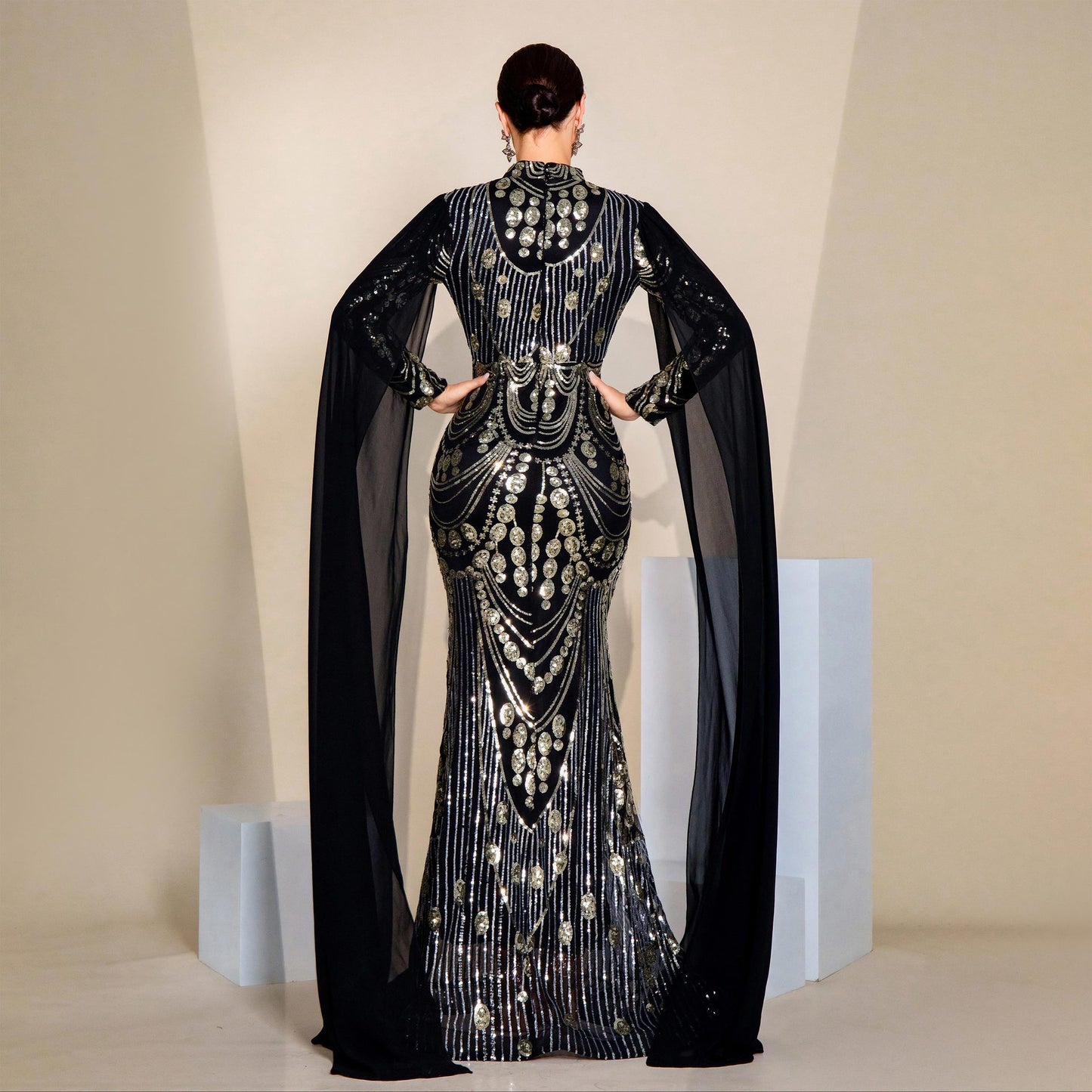 r 2025 high-end temperament sexy long sequins long sleeves crew neck banquet evening dress bridesmaid dress women