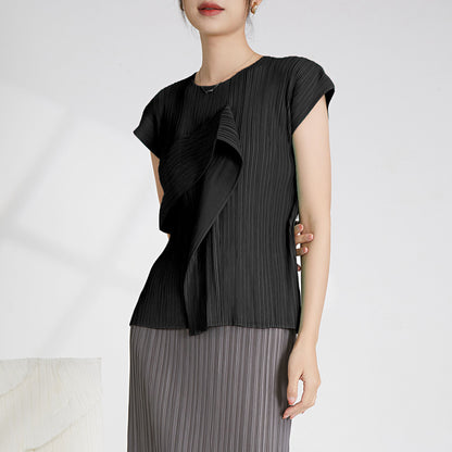 2025 Hot-selling women's t-shirt short-sleeved design sense niche round neck irregular high-end fashion temperament thin Miyake top