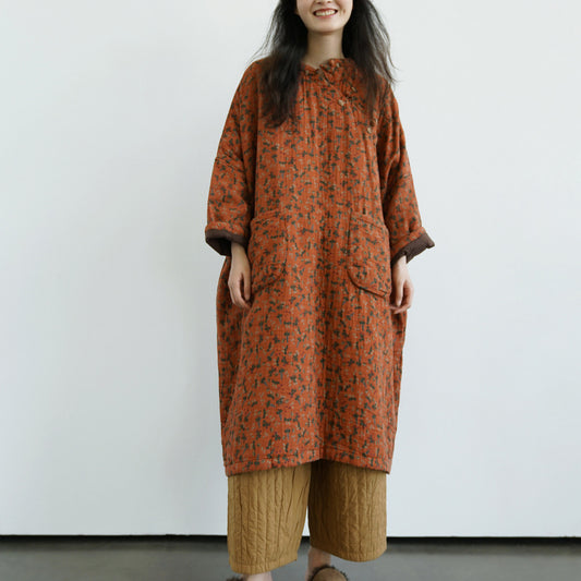 stand-up collar floral loose silhouette thickened dress, retro diagonal placket padded cotton robe cheongsam L24270