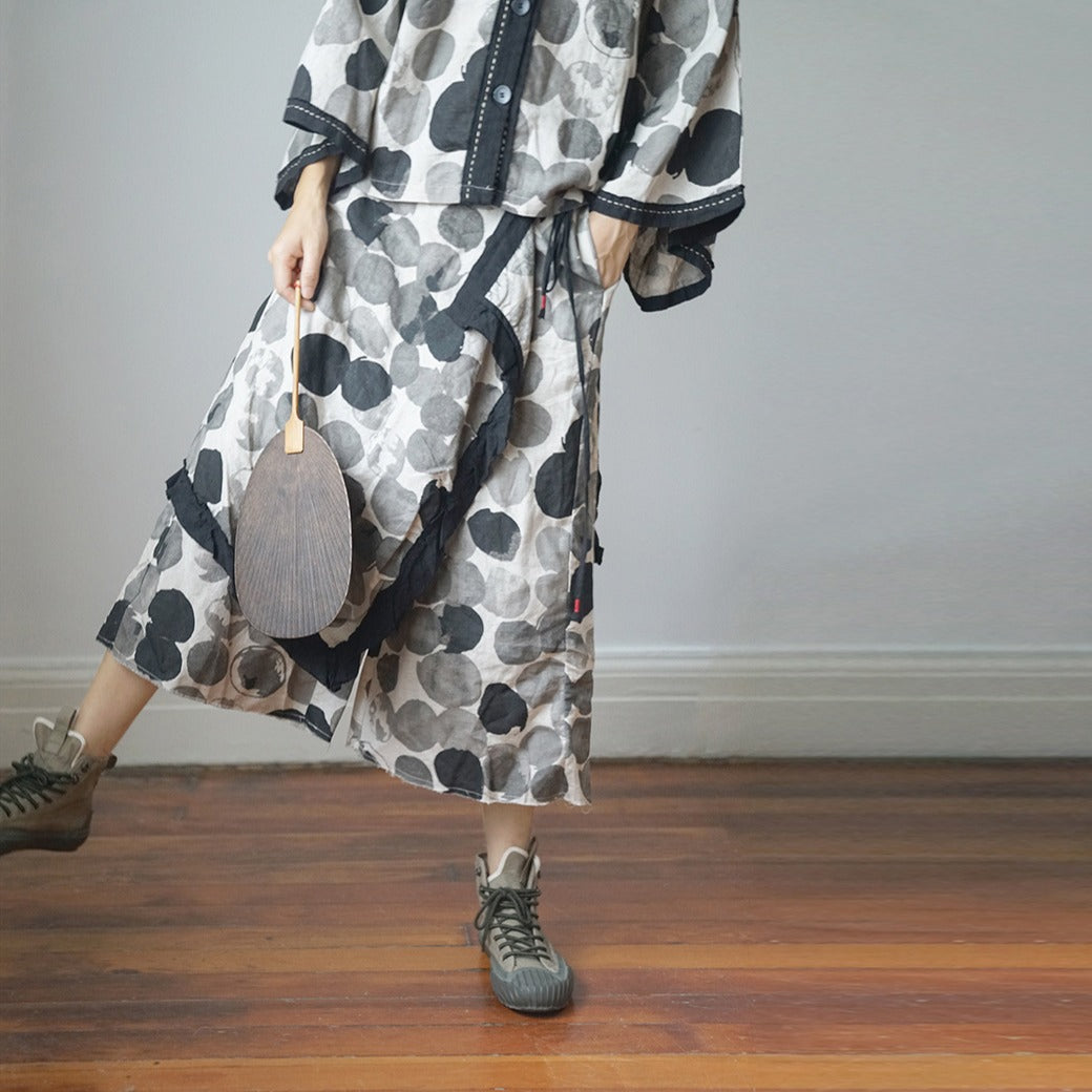 retro literary polka dot linen fisherman pants, personalized versatile and thin linen nine-point straight pants K21239