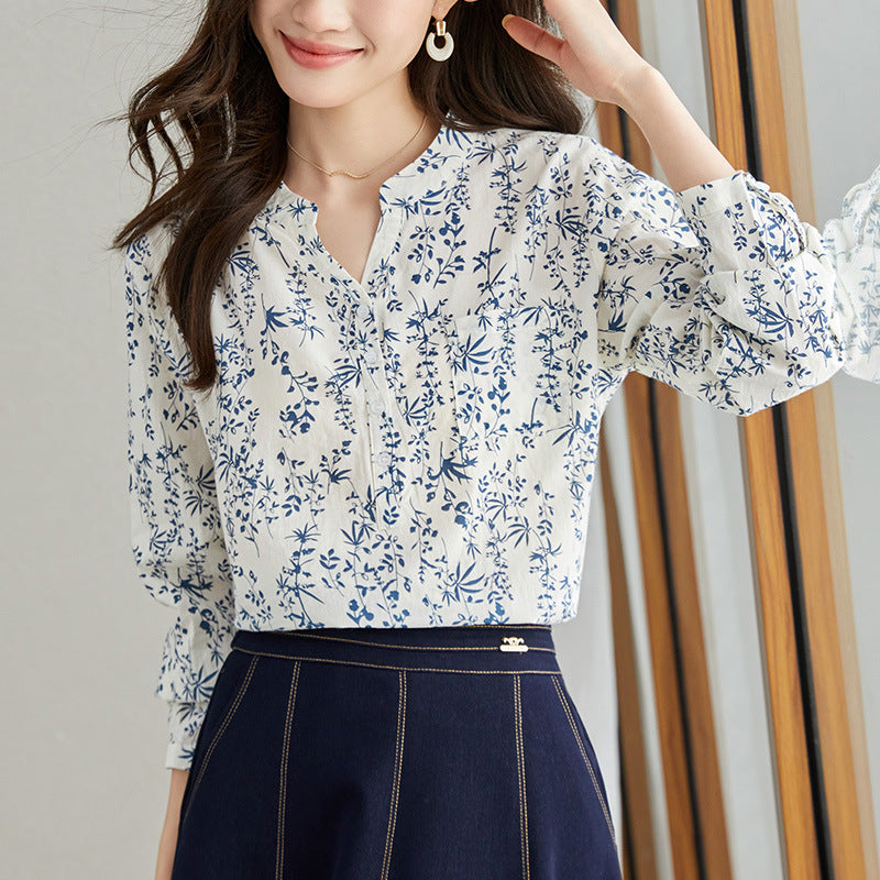 direct sales new Chinese style national style shirt women's pure cotton long-sleeved shirt women's new Chinese V-neck loose top women