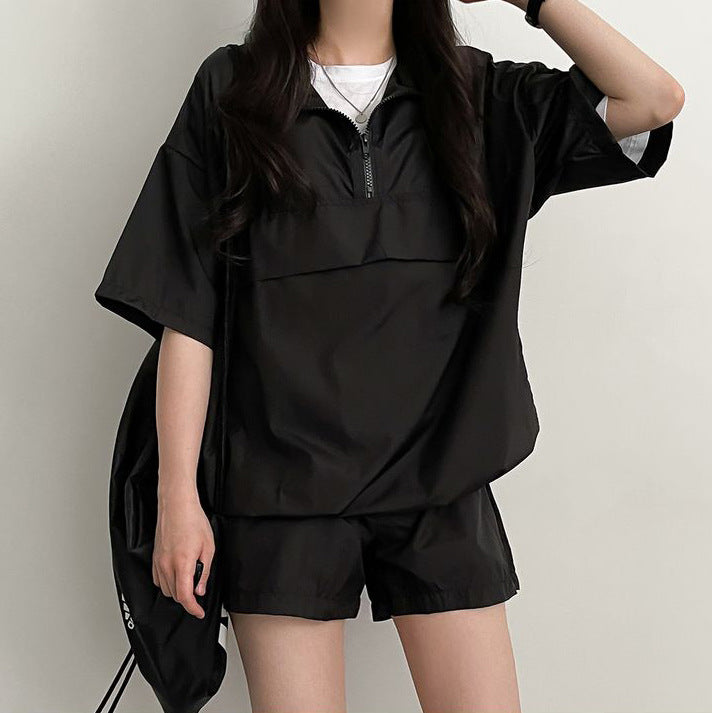 ZllKl Suit women, turtleneck zipper, short-sleeved shorts women's two-piece set summer wholesale casual sportswear loose couple