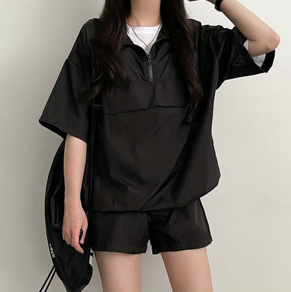 ZllKl Suit women, turtleneck zipper, short-sleeved shorts women's two-piece set summer wholesale casual sportswear loose couple
