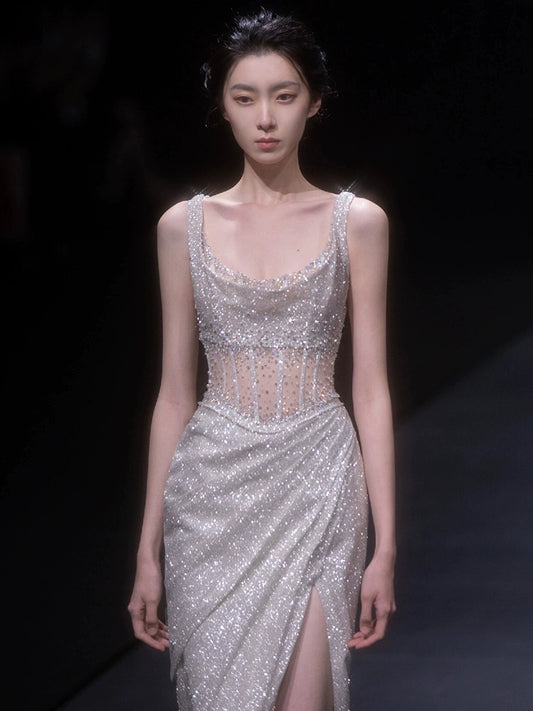 High-end heavy industry evening dress temperament socialite silver light luxury niche suspender sequins sexy engagement fishtail dress