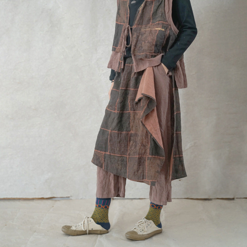 retro digital printing thickened linen fisherman pants, casual literary and thin versatile straight-leg pants K22016