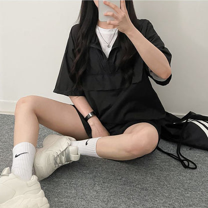 ZllKl Wholesale turtleneck zipper short sleeve shorts women's two-piece set Korean version summer fashion casual sportswear set loose
