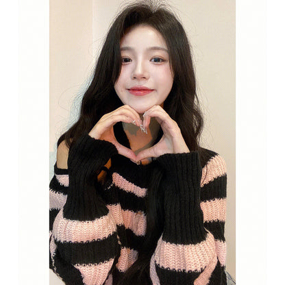 Small Spice Girl Chain Off-Shoulder Pink Pullover Hollow Striped Short Long Sleeve Knitted Sweater Top Women's Autumn and Winter