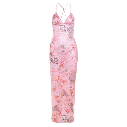 ZllKl  Cross Border  Summer Fashion Trends Women's New Halter Backless Slim-Fit Printed Sheath Dress