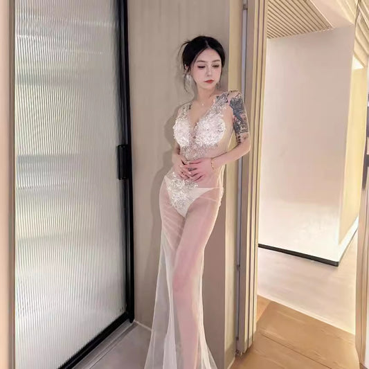 2025 Nightclub fun sexy perspective long dress embroidered pearl hip dress night tooling sauna technician clothes