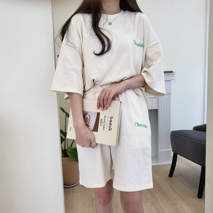 ZllKl 100% Short Sleeve Shorts Set Women's Two-piece Set Loose Summer Grey Casual Sportswear Set Korean Cotton