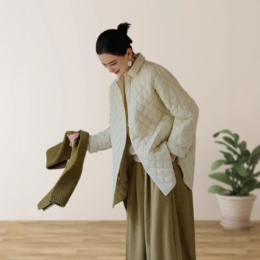 Women's cotton jacket, rhombus thin cotton jacket, slightly wrinkled commuter literary shirt version padded jacket B0950