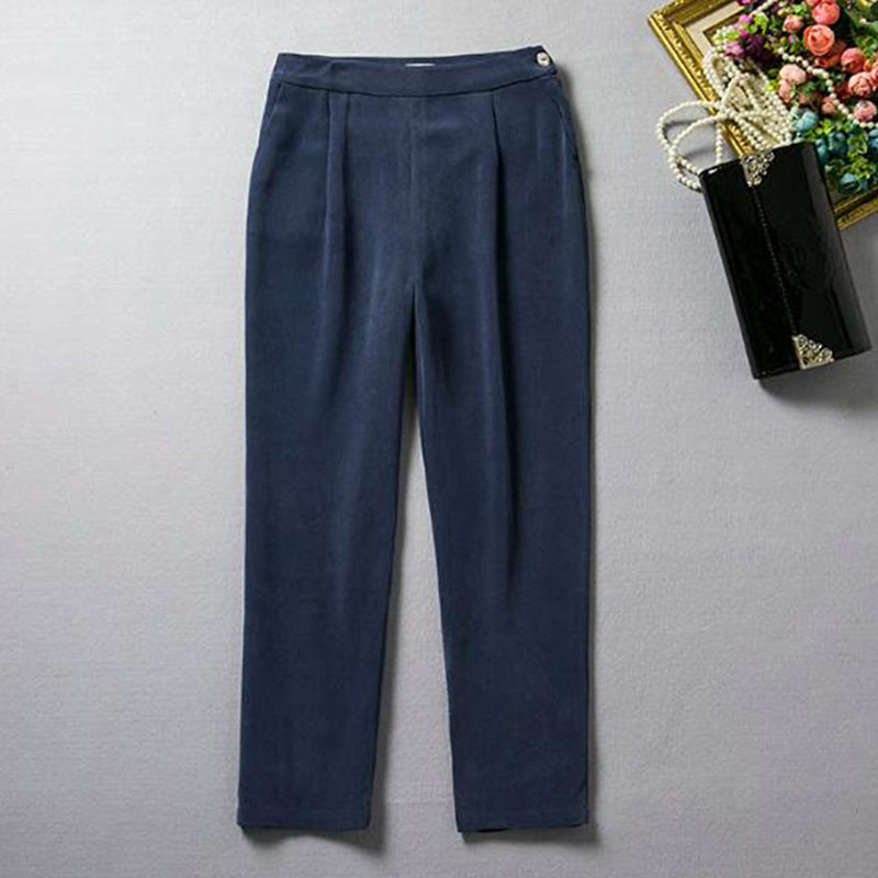 2025 Heavy silk nine-point pants  spring new women's pants, mulberry silk blue slim-fit straight casual pants