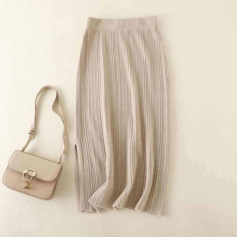 ZllKl New autumn and winter new casual knitted split skirt high waist elastic solid color inner with thin hip skirt women