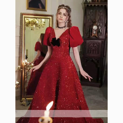 2025 Bridal Toast Clothing 2025 Autumn Red Sequins Noble Princess Dress on the Run Light Luxury Return Engagement Dress