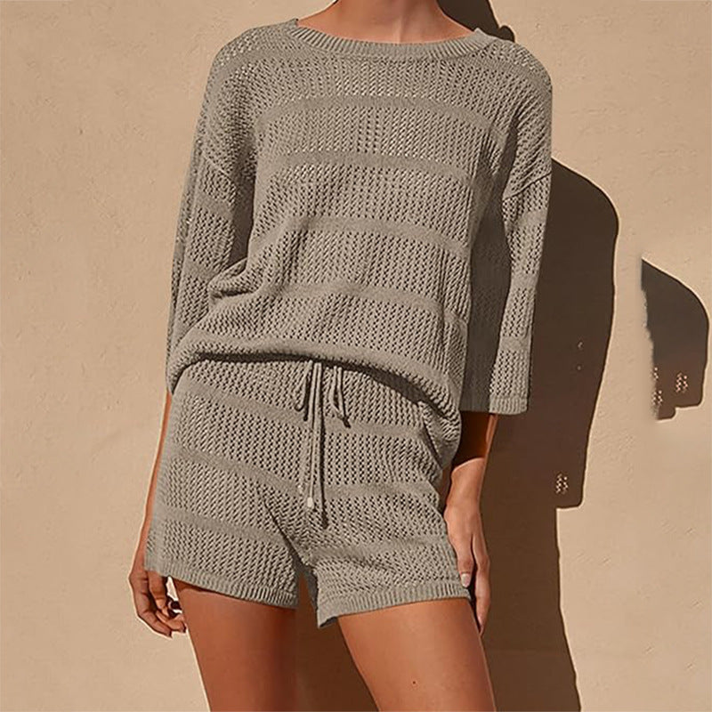 zllkl  European and American Style Women Summer 2-Piece Set Blouse Openwork Knitted Top Shorts Vacation Beach Casual Suit
