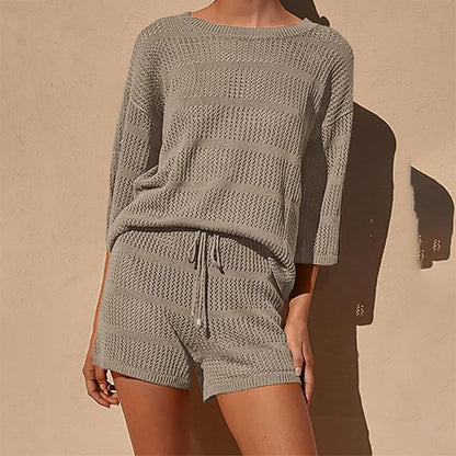 zllkl  European and American Style Women Summer 2-Piece Set Blouse Openwork Knitted Top Shorts Vacation Beach Casual Suit