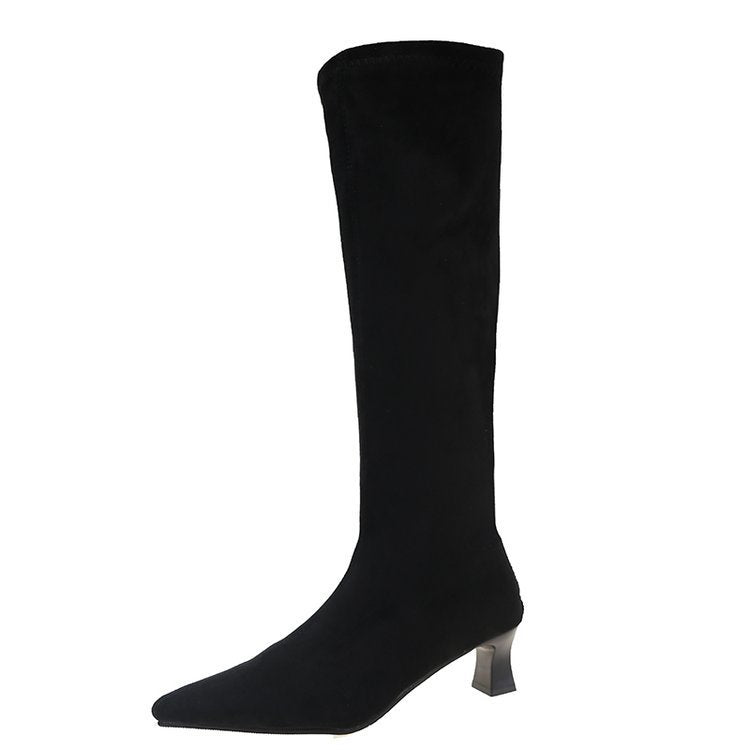 2025  Suede boots autumn and winter velvet popular new imperial sister wind pointed head high heel rear zipper medium long tube thin boots