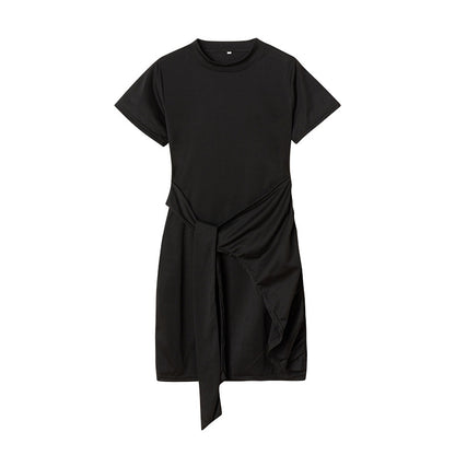 ZllKl  European and American  Popular Short Sleeve round Neck Pleated Bow Belt Irregular Dress
