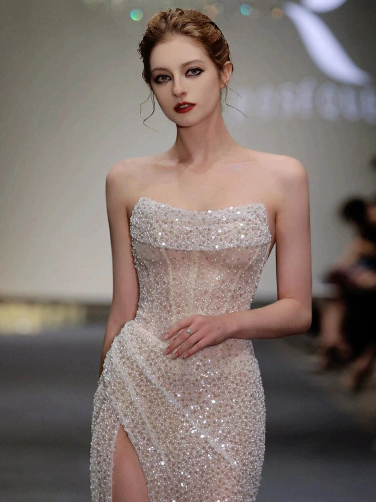 Fishtail tube top evening dress niche light luxury high-end sequin dress temperament celebrity style sexy trailing veil