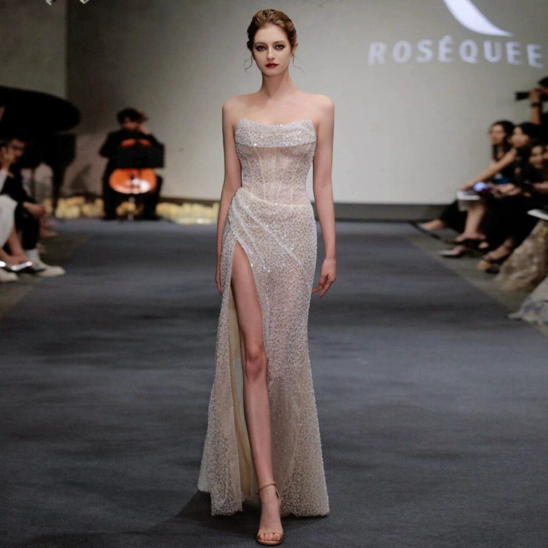 Fishtail tube top evening dress niche light luxury high-end sequin dress temperament celebrity style sexy trailing veil